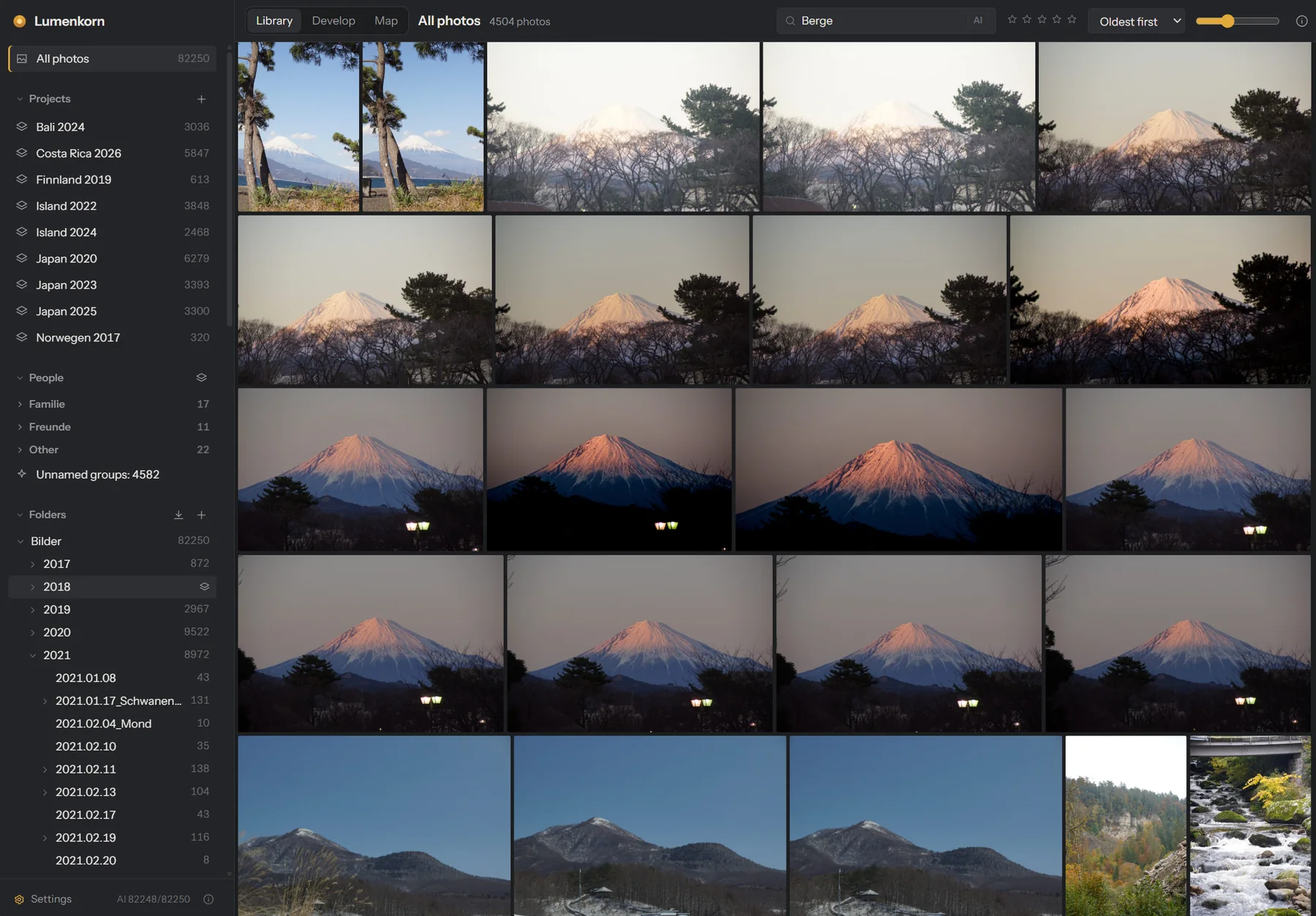 Search for “mountains” finds photos of Mount Fuji at sunset