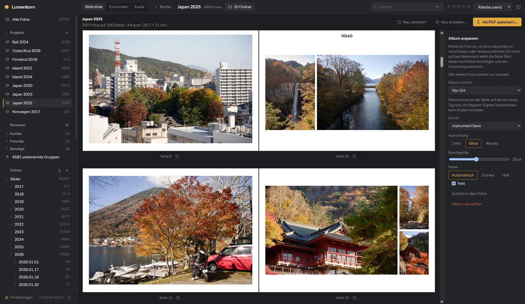 Photo album with autumn photos from Japan, two double pages and the text options
